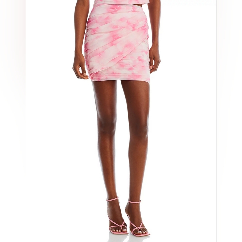 AQUA Pink Front Asymmetric Overlay Lined Ruched Mini Pencil Skirt L Party Club